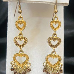 VINTAGE YELLOW RHINESTONE HEART DROP DANGLE & ORANGE RHINESTONE EARRINGS